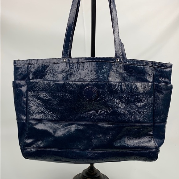 Coach Patent Leather Shiny Navy Blue Tote Diaper Bag Silver satin lined Pockets - Picture 1 of 16